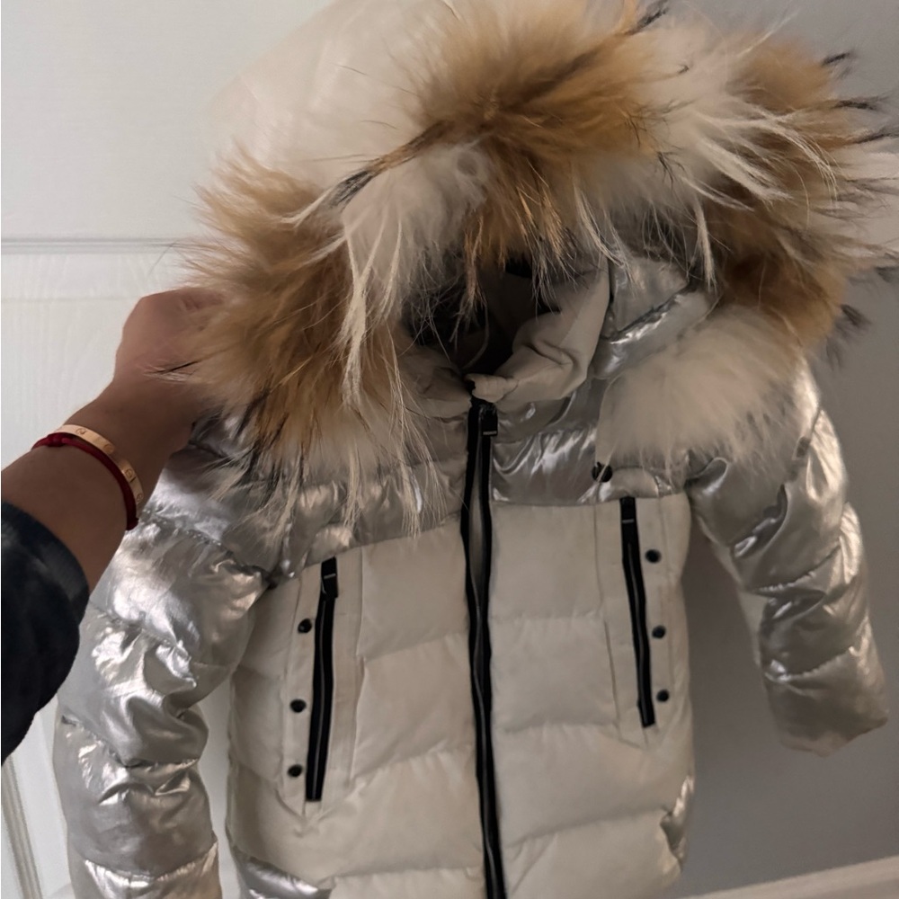 Silver Women's Puffer Jacket with Faux Fur Hood